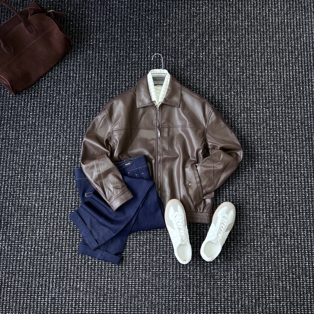 CssuGent秋冬柔软经典翻领皮夹克男时尚优雅高端PU皮休闲皮衣外套