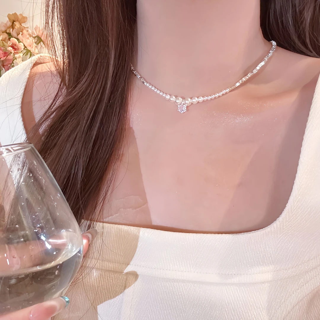 铜仿珍珠项链 GINIFIMOR项链 a414 锆石碎银珠珠项链女百搭锁骨链