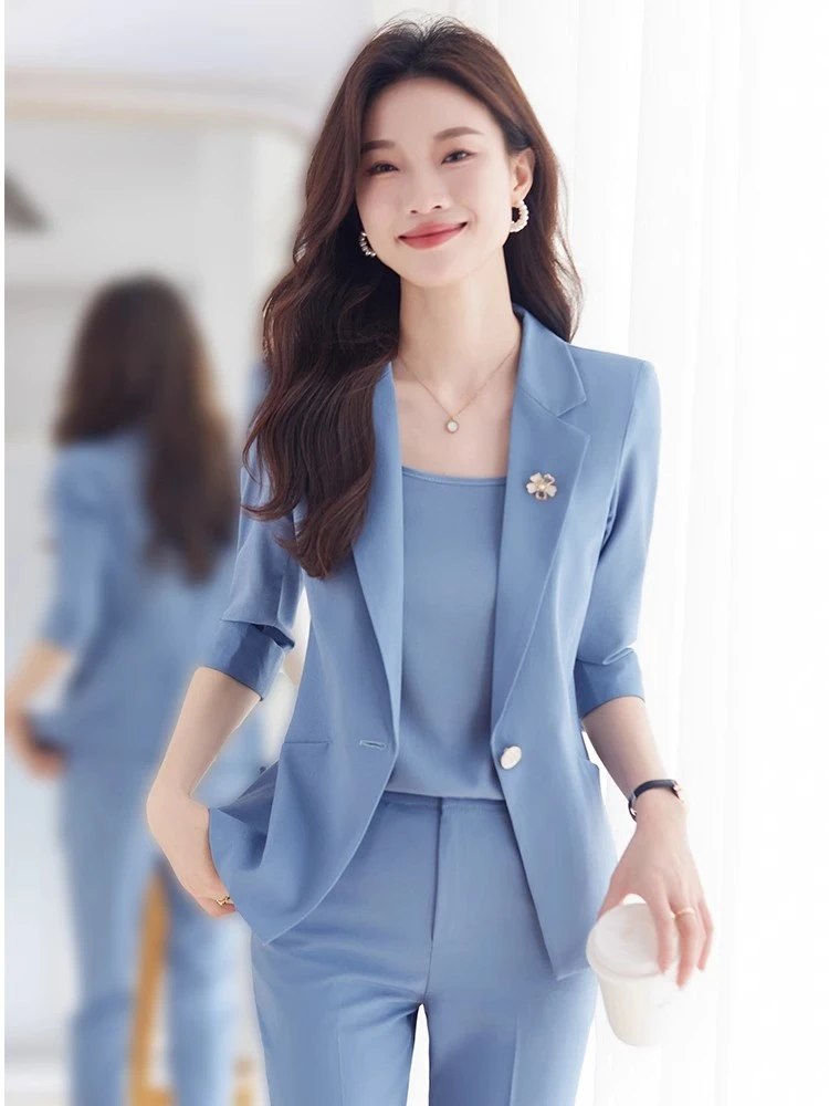 夏季七分袖西装外套女薄款单层高级感小个子气质通勤职业西服套装