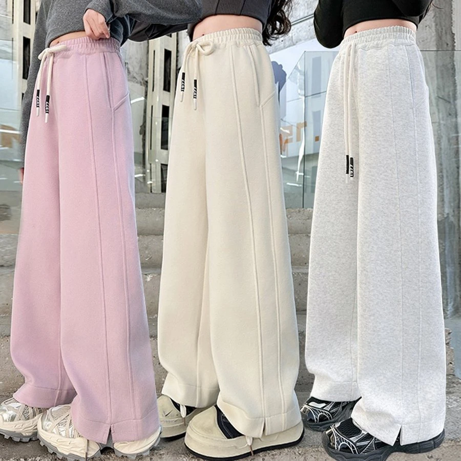 女童裤子加绒秋冬款2025新款一体绒运动裤大童女孩冬装直筒阔