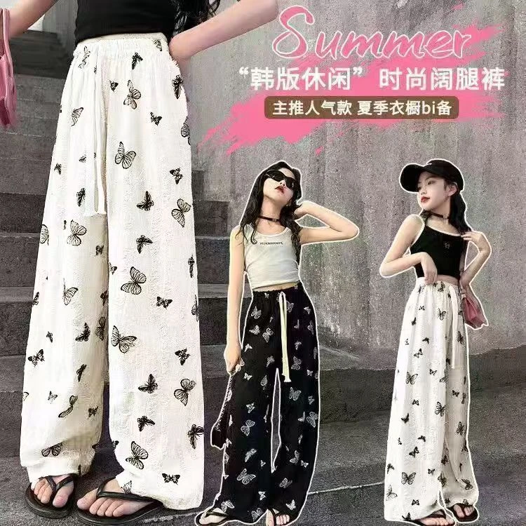 【亲子款】夏季新款女童中大童防蚊裤破洞蝴蝶闪钻休闲裤烫钻直筒裤