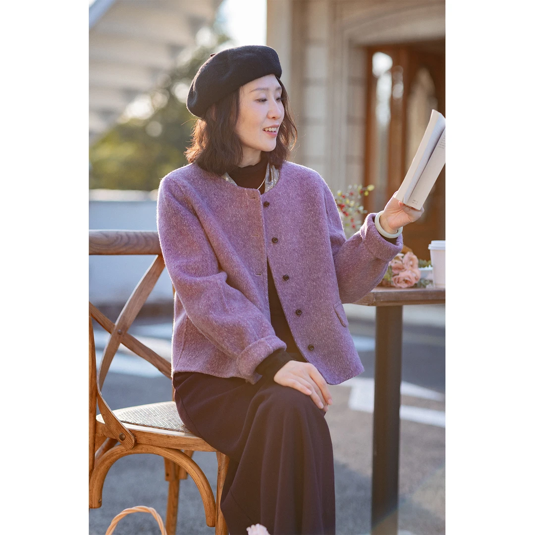 红念羊毛紫色毛呢外套女短款小个子高级感2025年冬季新款紫色外套