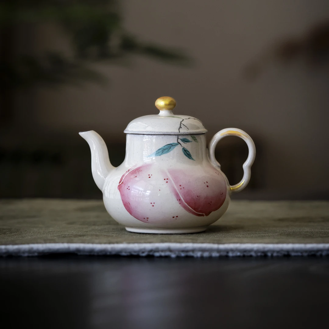 粉引手绘寿桃醉音壶复古中式陶瓷茶具单壶家用带过滤泡茶壶