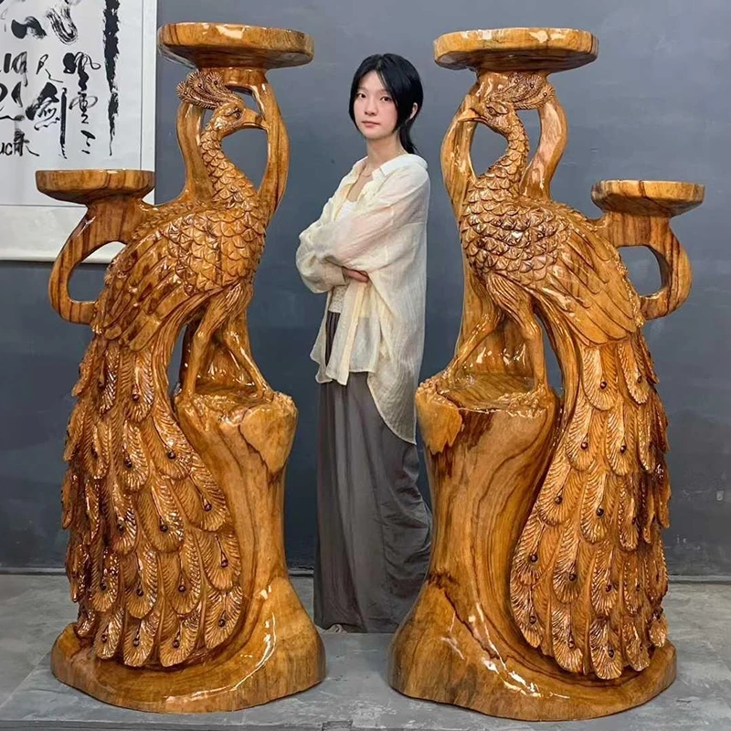 一对纯手工香樟木孔雀实木根雕花架客厅落地摆件