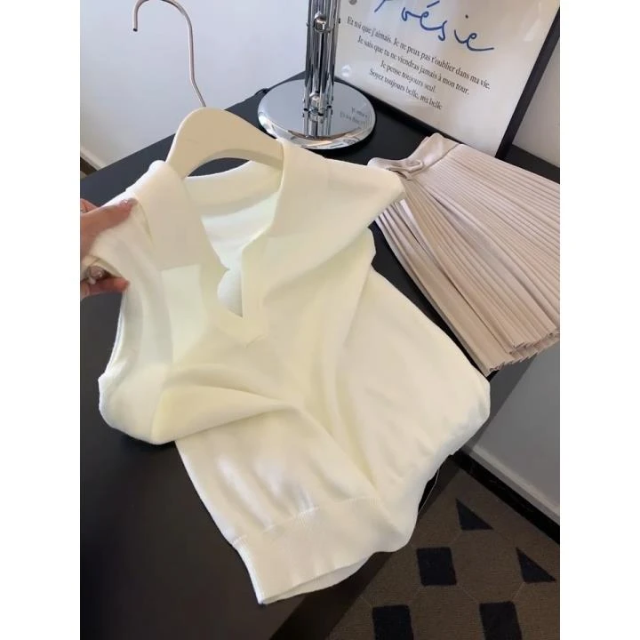 法式白色polo领无袖针织衫女2025夏季新款气质修身显瘦短款上衣潮