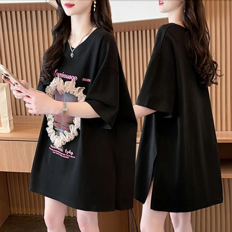 夏季网纱拼接纯棉短袖t恤女2025新款大码胖mm遮肉半袖体恤上衣服