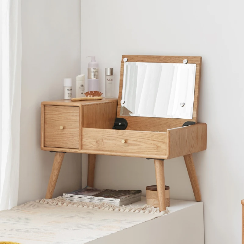 源氏木语实木化妆桌简约橡木化妆台卧室多功能飘窗梳妆台Y84D12