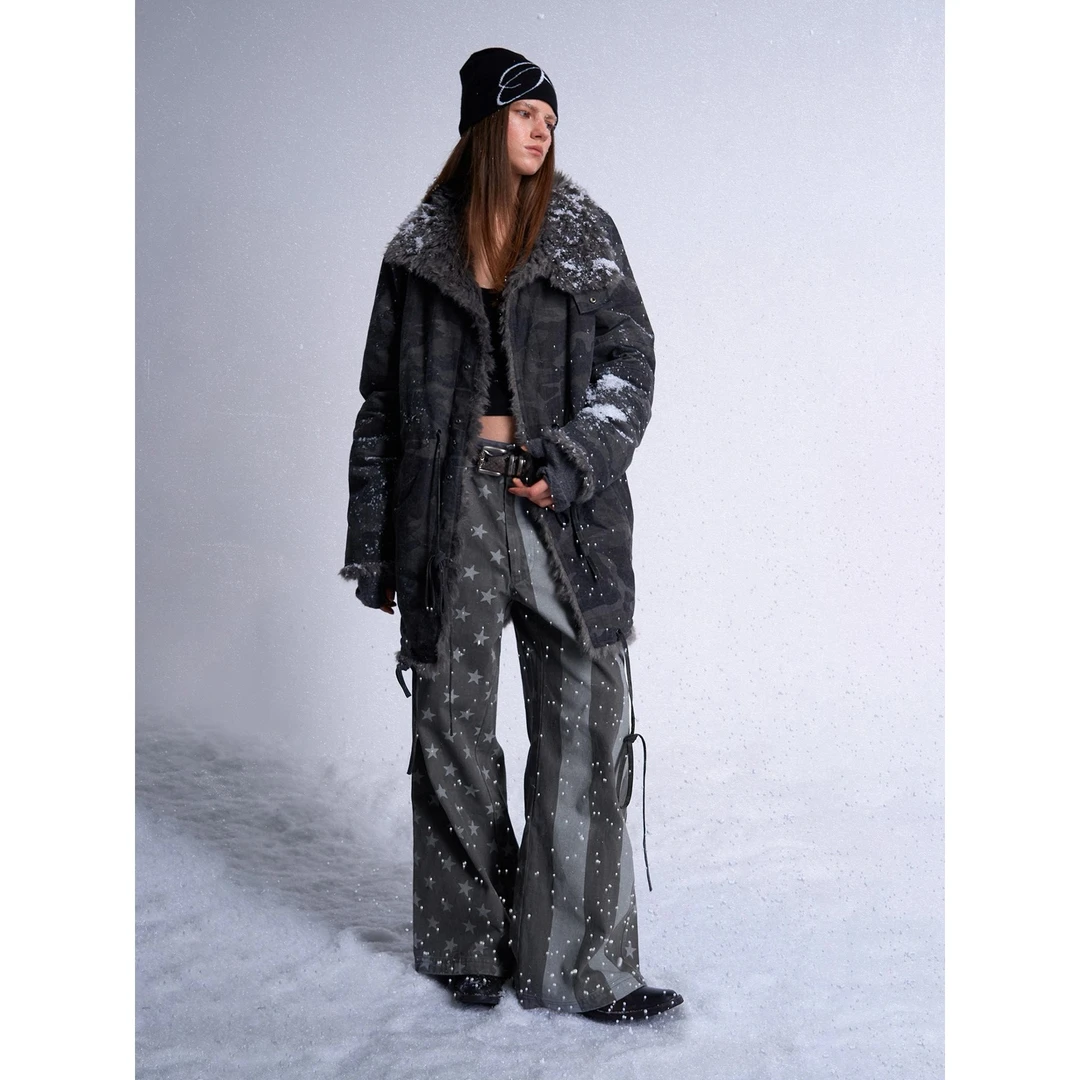 noEmosen（noE）酵洗深灰迷彩双面穿山羊毛绒感派克服大衣NE3820