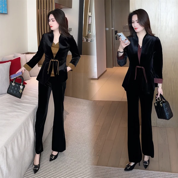 【季颜品牌】春季新款新中式时尚穿搭气质收腰显瘦丝绒三件套装09