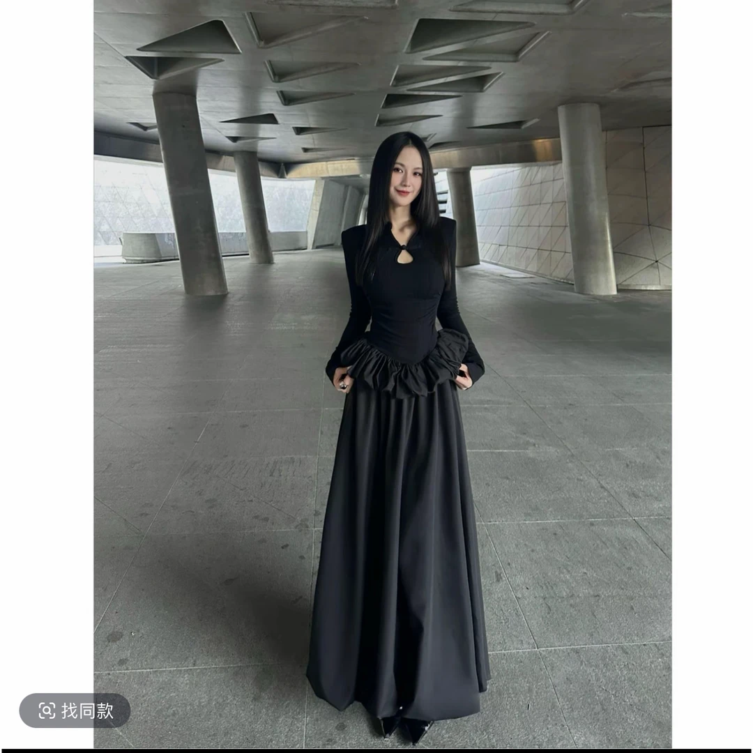 新中式立领盘扣长袖连衣裙女秋季新款收腰显瘦高级感A字花苞长裙