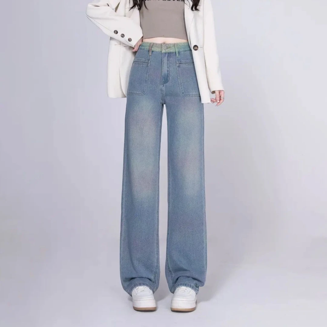 (七彩祥云）早秋高腰窄版直筒显瘦女牛仔裤浅蓝阔腿小个子宽松休闲