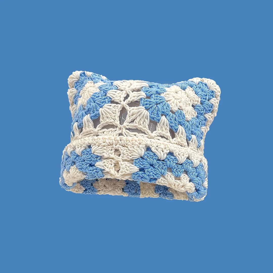 新款秋冬可爱猫耳朵冷帽纯手工钩织毛线帽子女保暖护耳帽子套头帽