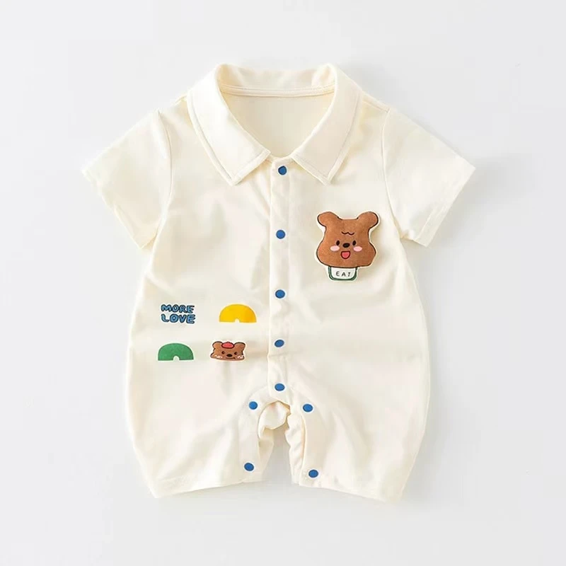 婴儿衣服夏季薄款小宝宝短袖连体衣可爱小熊婴童爬服帅气立领哈衣