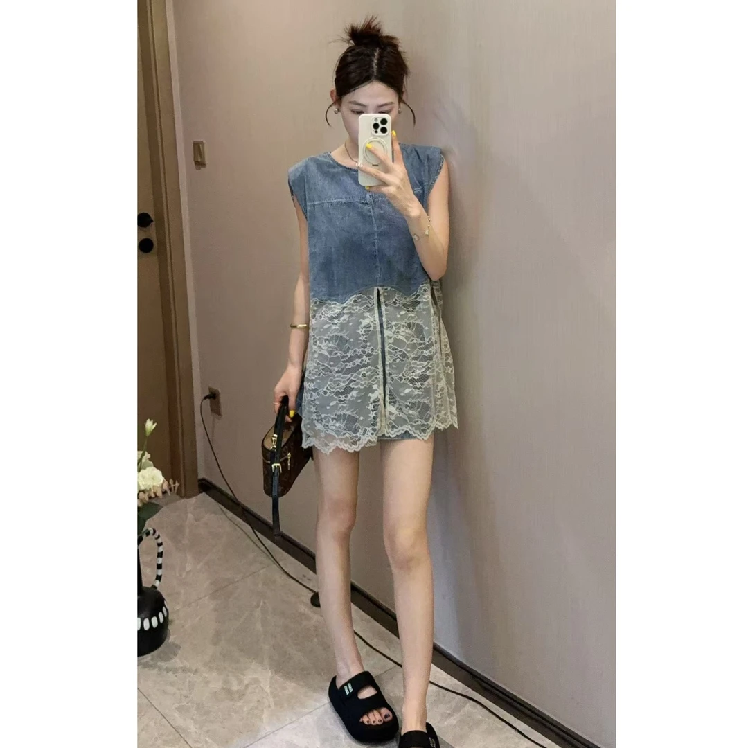 甜美蕾丝拼接牛仔短裤套装女夏2025新款小个子高级感两件套女926#