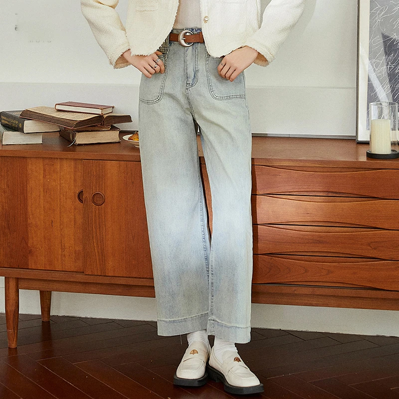 高腰宽松阔腿牛仔裤女春季2024新款小个子显瘦百搭直筒长裤子