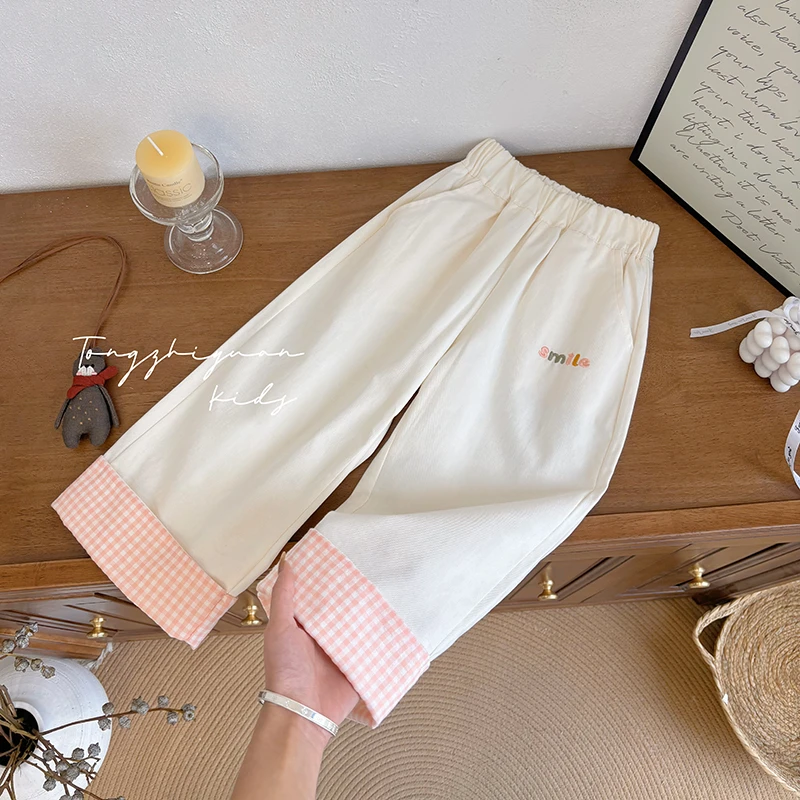 儿童女童春秋新款纯棉休闲裤刺绣字母翻边休闲裤女宝宝欧若风童装