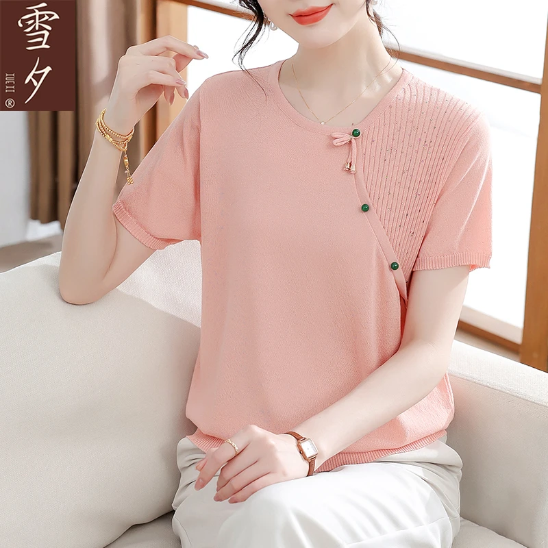 妈妈夏装短袖冰丝国风上衣套装2025新款针织小衫中老年女薄款T恤