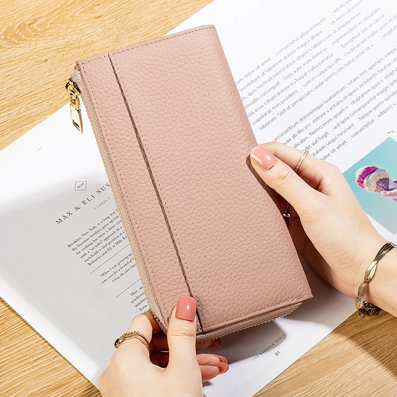 真皮多口袋超薄大钞夹放手机纯牛皮无隔层多卡位长款拉链钱包简约
