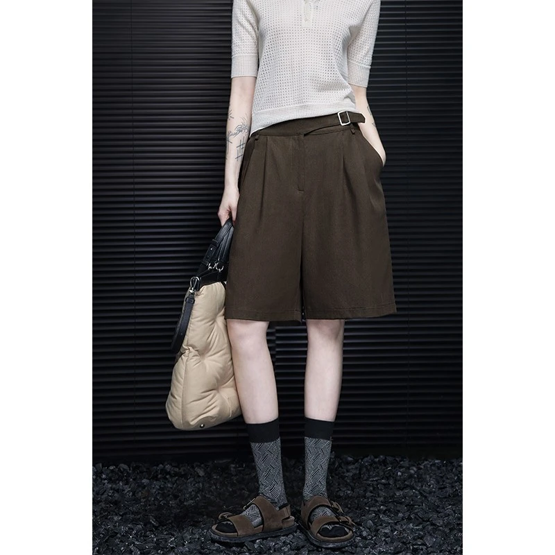 moment咖色休闲五分裤短裤女2025春季新款设计感小众简约高级日系