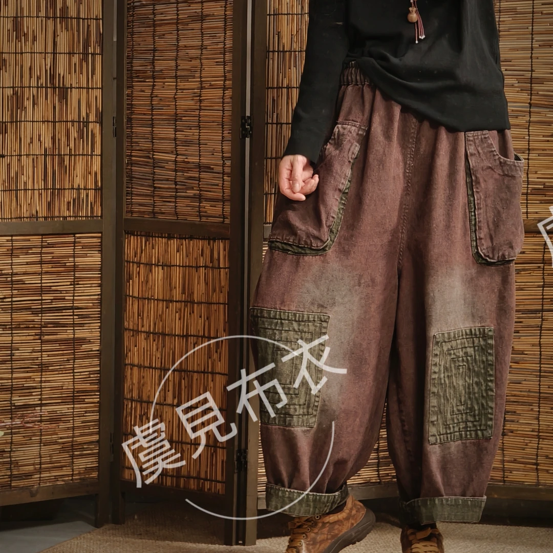 虞姑娘 春季复古脏洗绣片八分牛仔裤【裤长87臀围140】