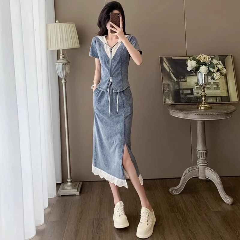 港风气质时尚套裙女2025夏修身收腰牛仔短袖上衣包臀半身裙两件套