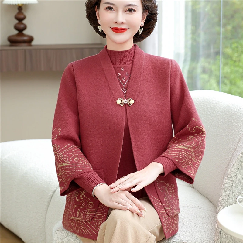 妈妈装秋装新款毛衣针织衫外套装喜婆婆婚宴礼中年女装两件套上衣