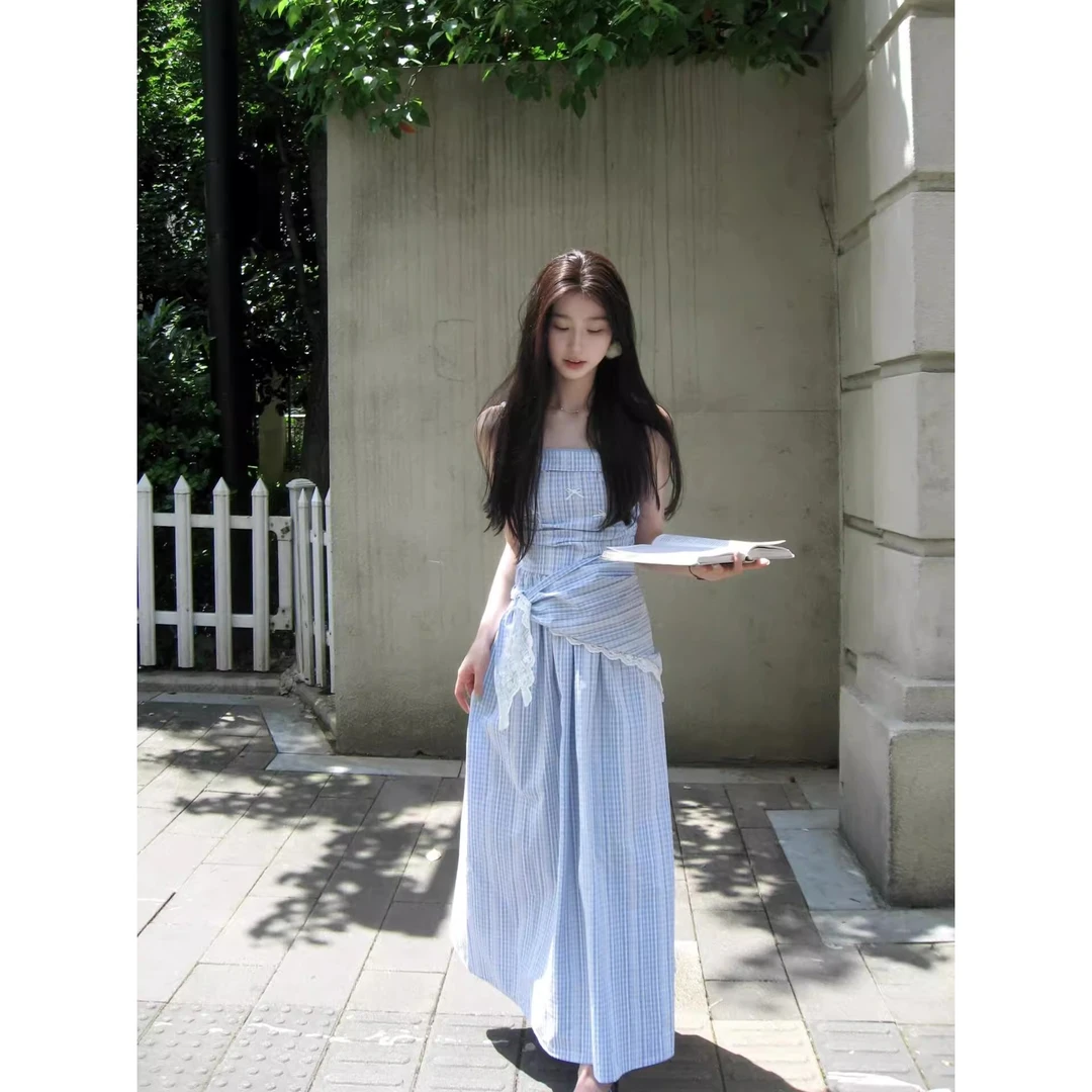 时尚蓝色格纹抹胸吊带连衣裙女夏季法式高级感收腰显瘦裙子