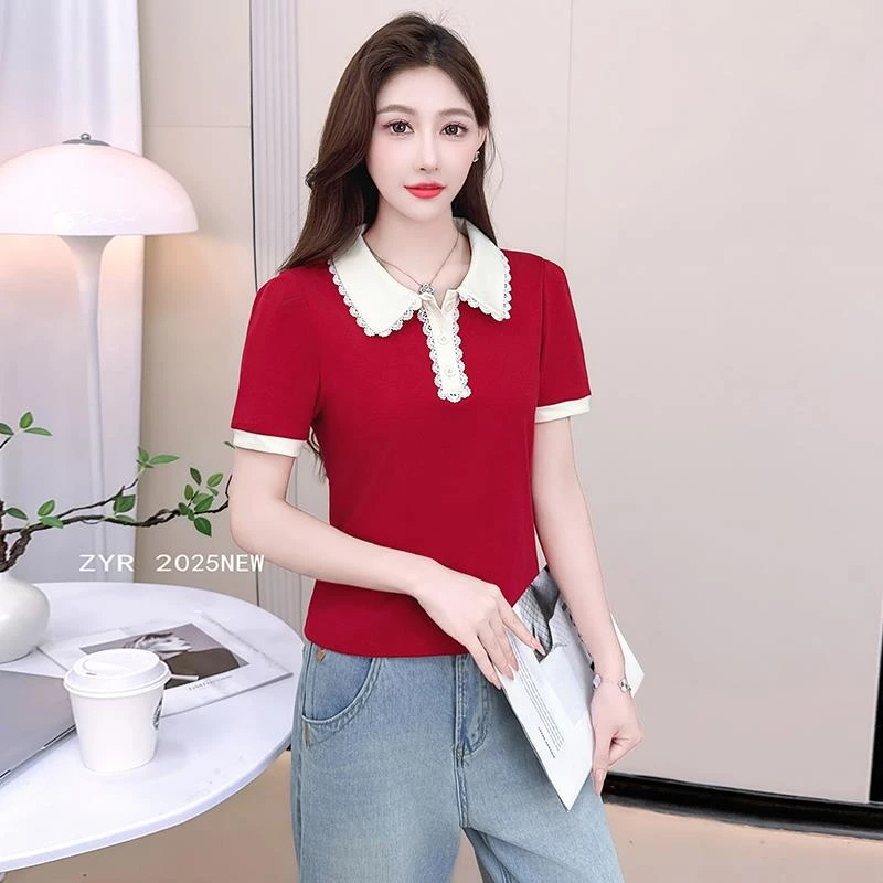 时尚短袖t恤女2025夏季新款洋气减龄蕾丝花边撞色修身显瘦小衫潮