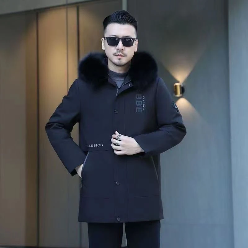 男士派克服兔毛内胆狐狸毛领可拆卸皮毛一体皮草外套