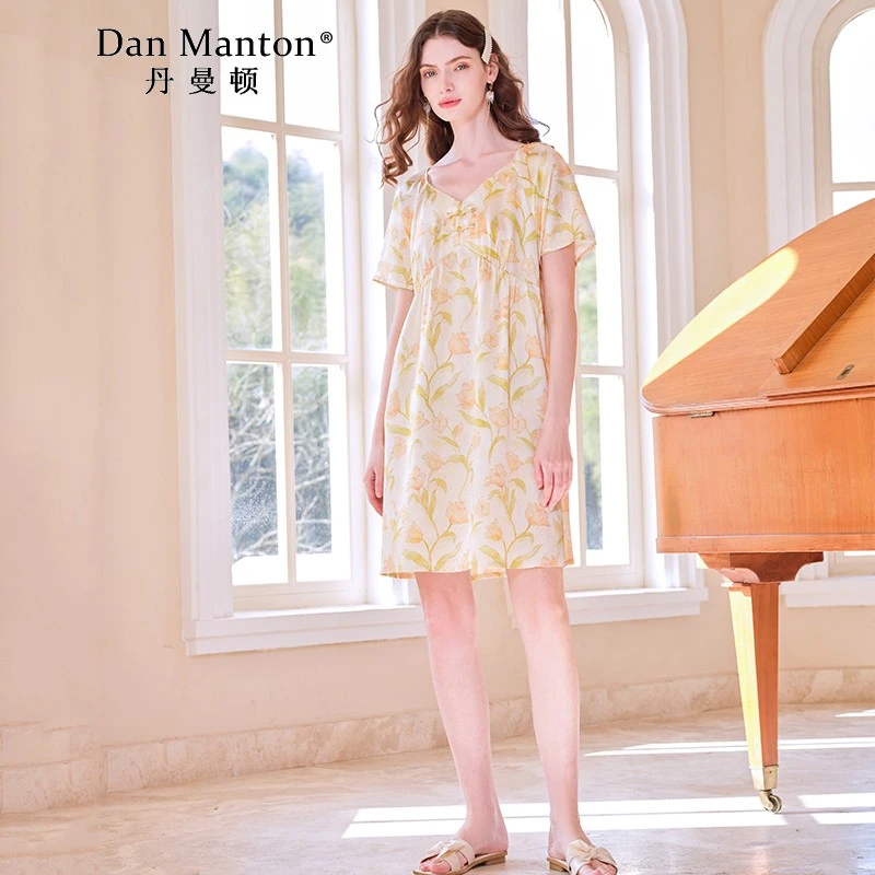 丹曼顿新中式短袖睡裙女夏季印花中国风盘扣长裙家居服桑蚕丝睡衣