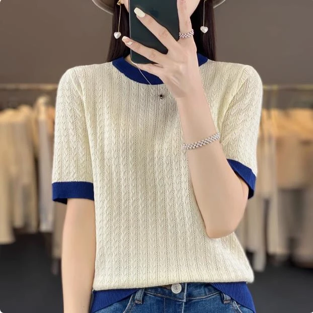 新款女士莱赛尔天丝圆领拼色针织短袖女款套头上衣