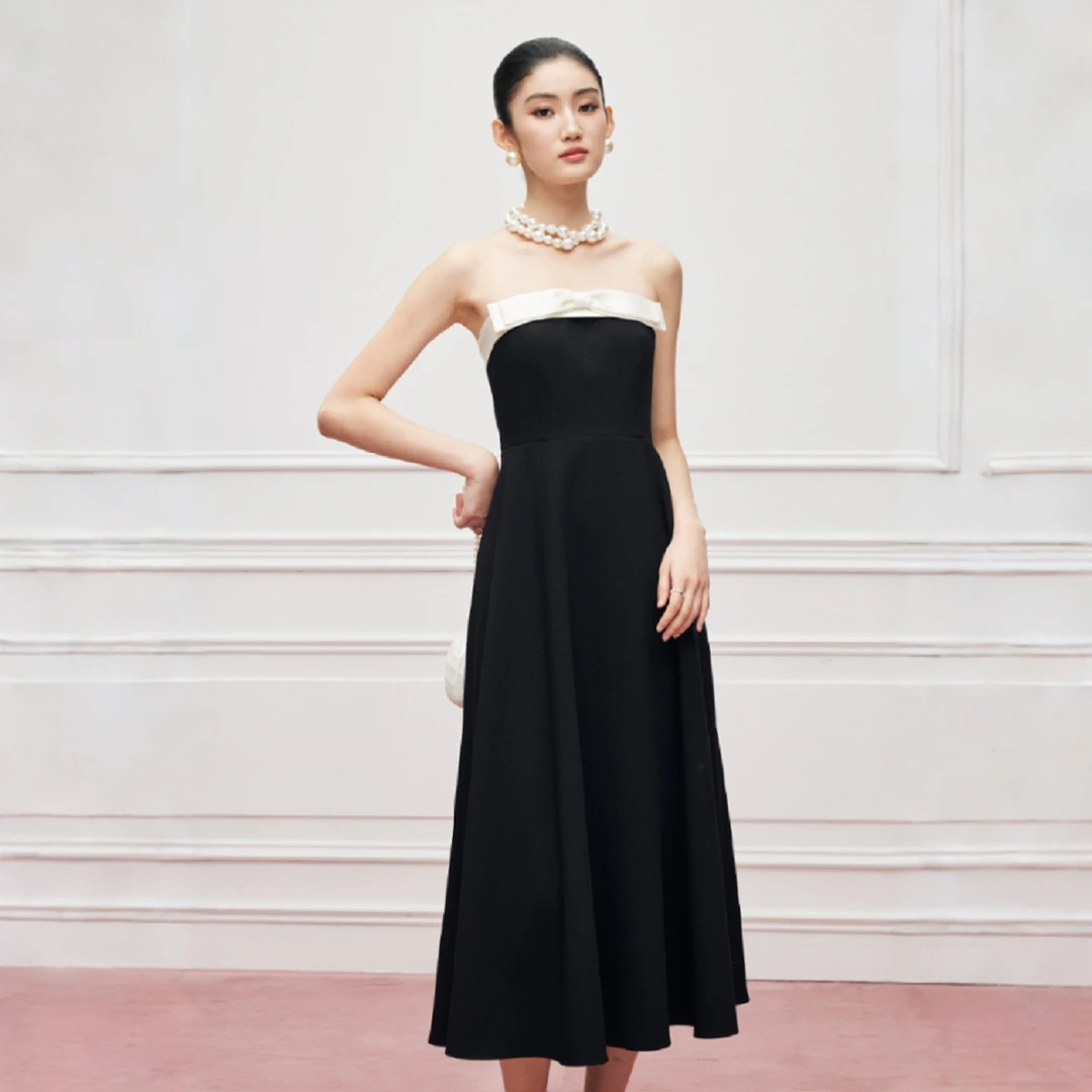 【达人专属】MandyZhang无袖连衣裙一字肩法式露肩裙子QZ6337