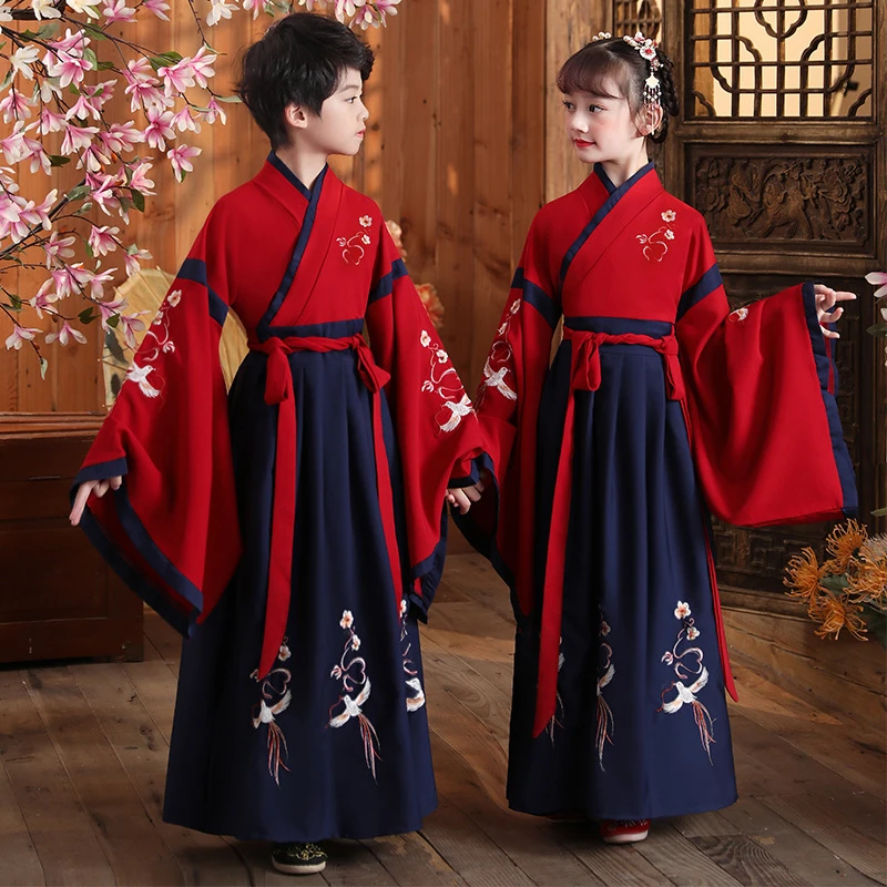 汉服中国风女童男童长袖大袖广袖小学生唐装国学服弟子规三字经