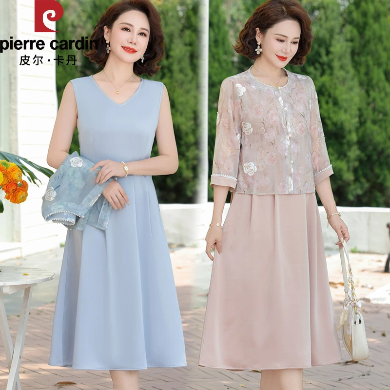 皮尔卡丹中国风妈妈连衣裙夏装套装2025新款中老年女雪纺衫外披裙