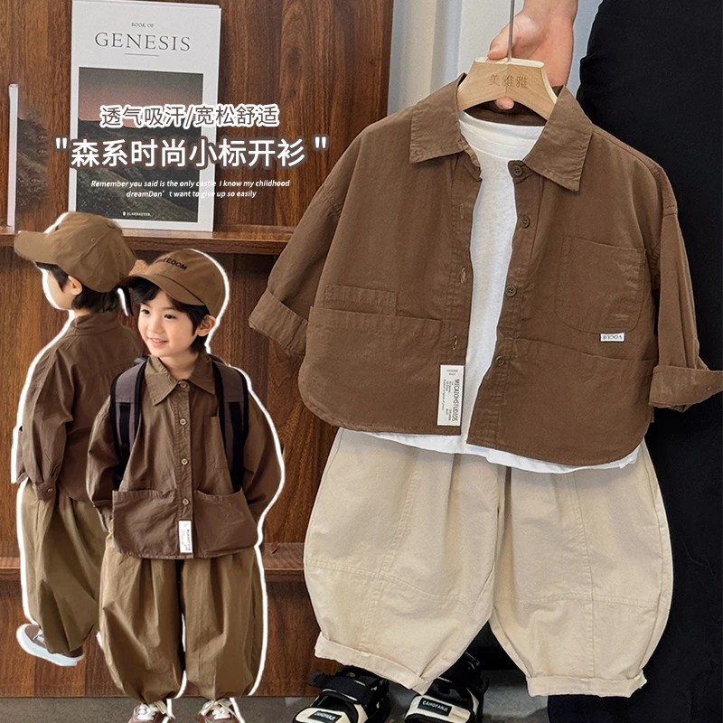 《秋上新》复古儿童字母贴布洋气衬衫上衣25CL1076春装新款男童衬衣