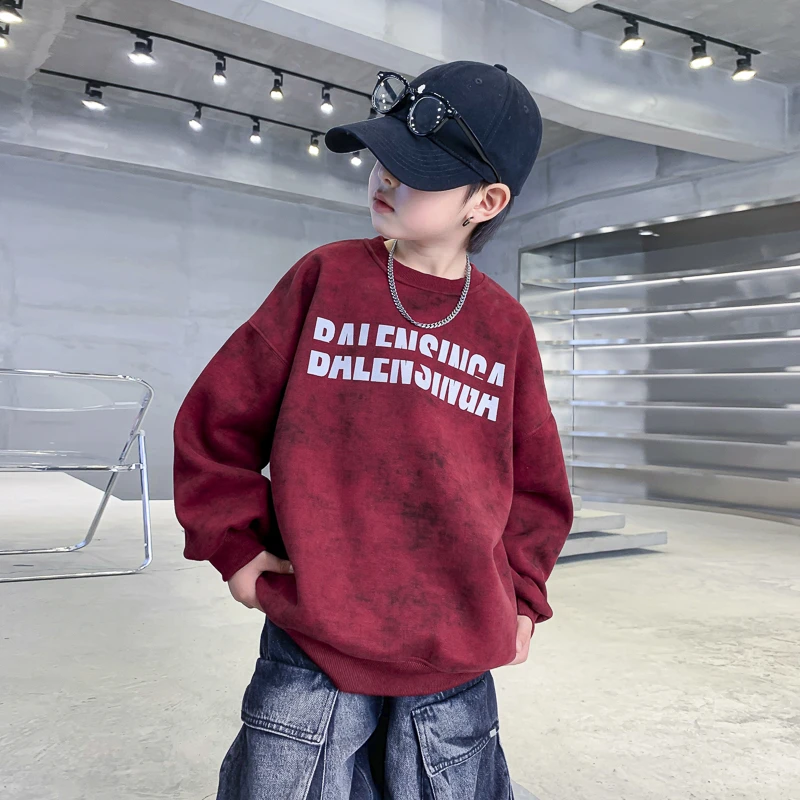 男大童春秋红色加厚一体绒卫衣2025新款儿童装男孩秋冬炸街上衣潮