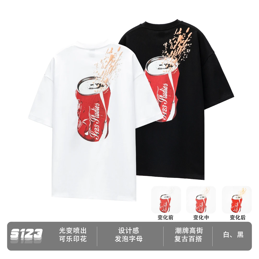 S123 夏季25SS新品 320g重磅光变红色可乐发泡印花短袖T恤男1094