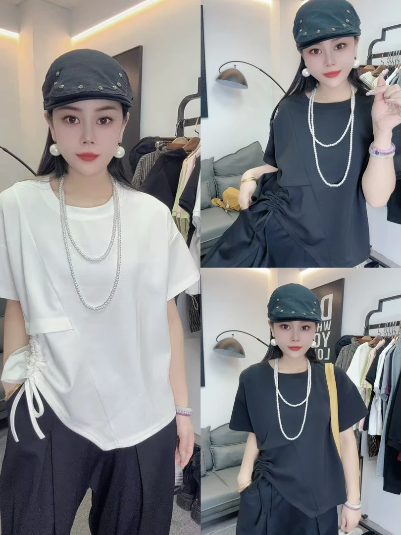 时尚不规则欧版拼接短袖纯色落肩袖T恤宽松型通勤百搭打底衫25011