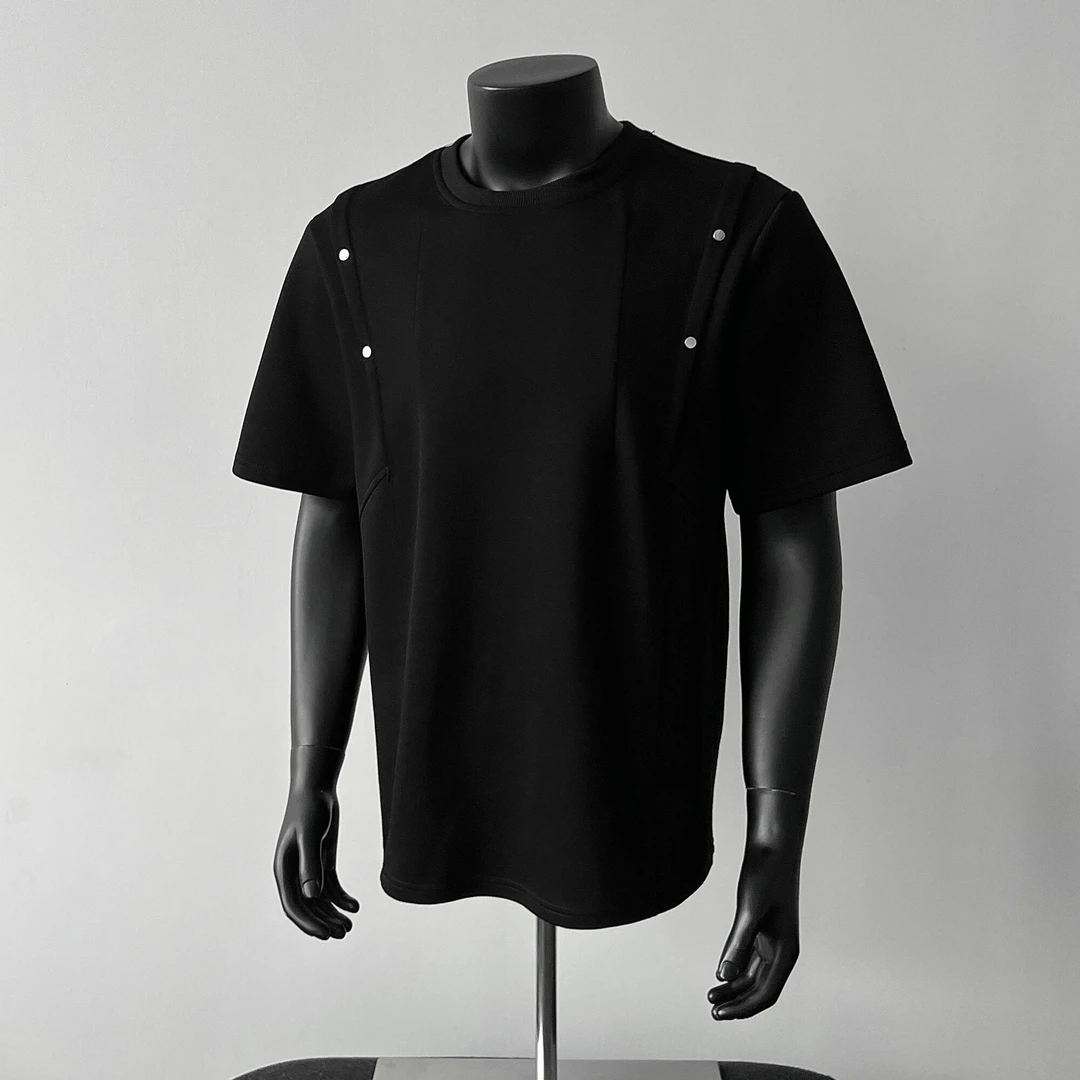 匡虎美式铆钉褶皱t恤短袖男夏季高街痞帅宽松重磅潮流休闲五分袖