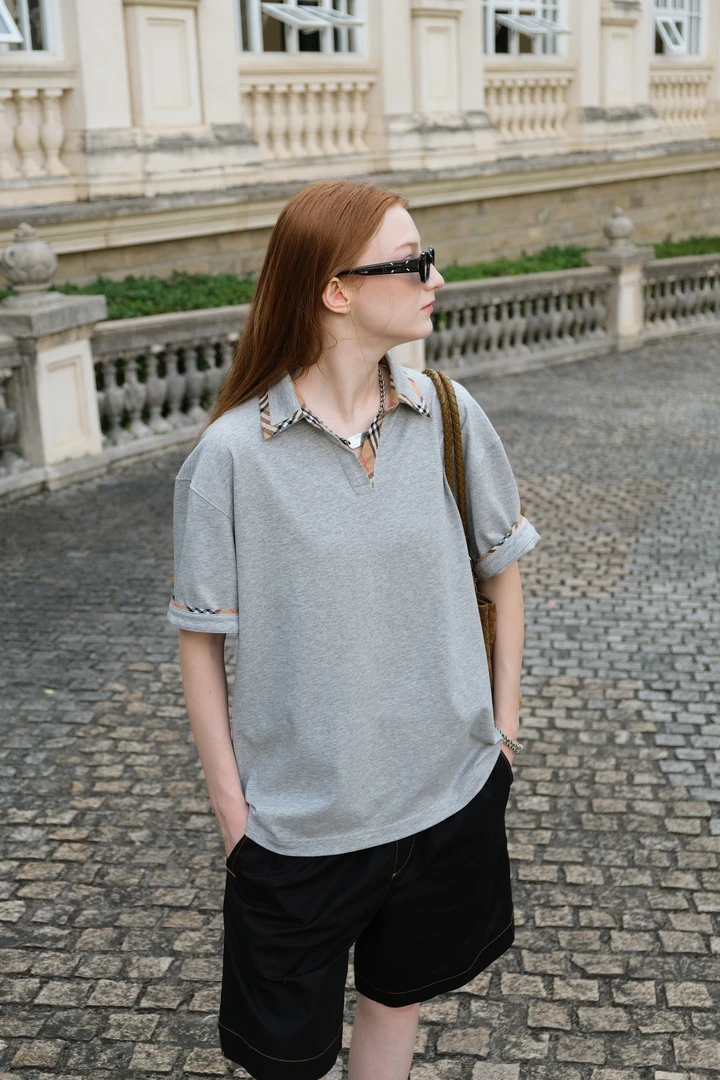 【英伦时尚】海鸥领格纹拼接纯棉短袖男款宽松