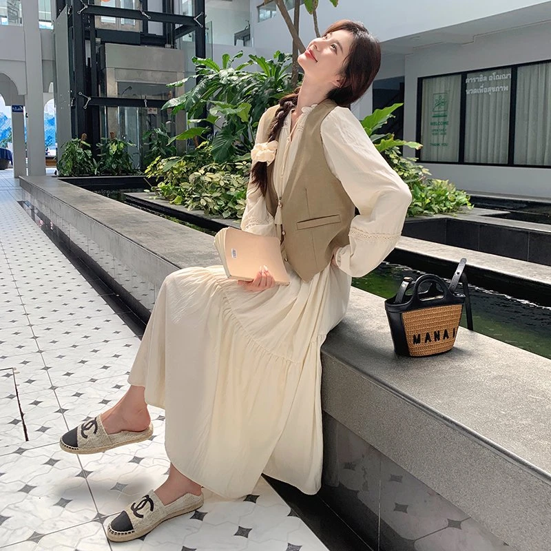 6301韩版时尚减龄V领过膝中长款春秋连衣裙