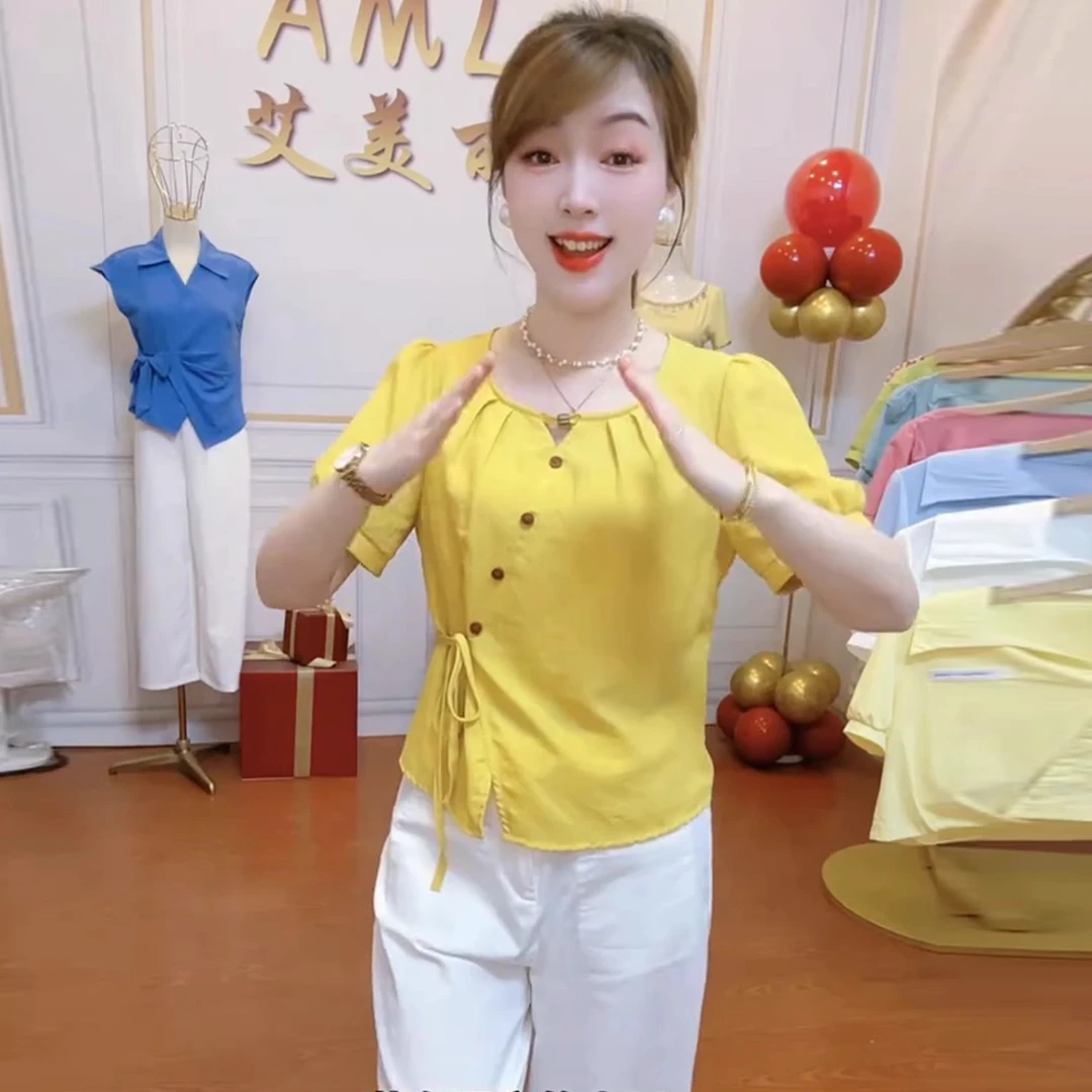 2025夏季新款洋气时尚短袖衬衫女显瘦设计感系带收腰百搭圆领上衣