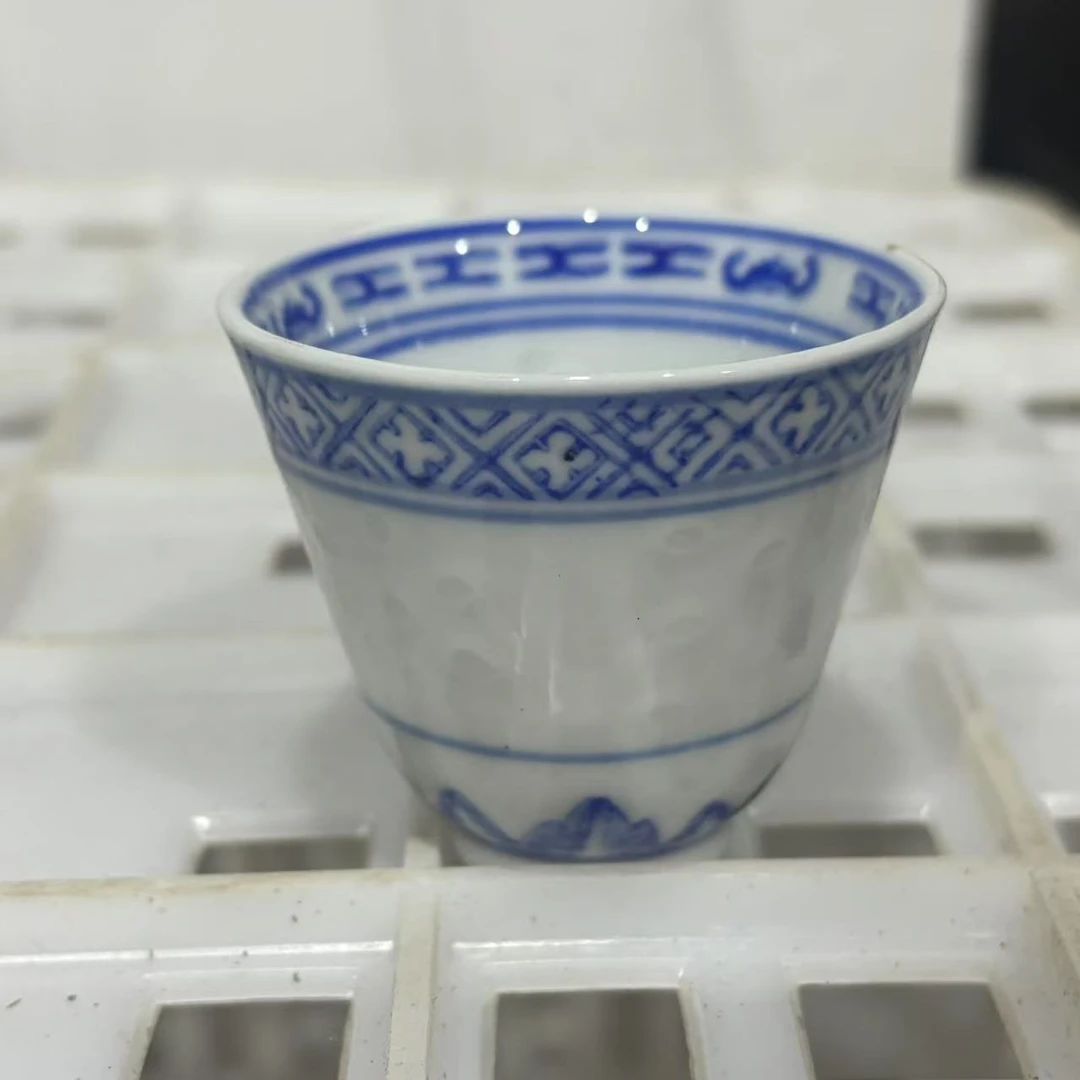 一对青花玲珑四缸杯景德镇制底
