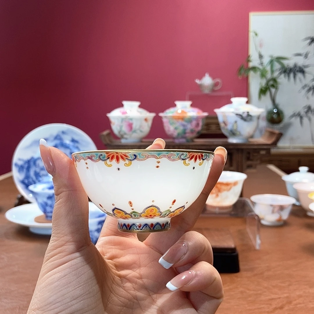 山月闲微瑕超薄胎脱胎瓷高温手工珐琅彩主人杯