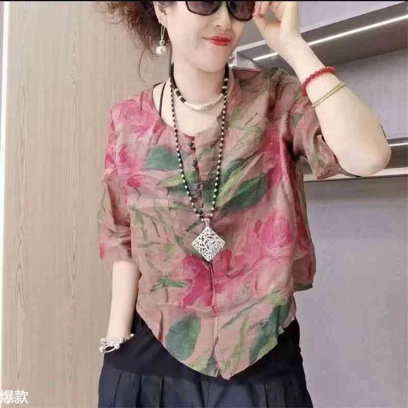 中年妈妈洋气设计感雪纺衫女不对称短袖衬衫夏季新款休闲时尚上衣