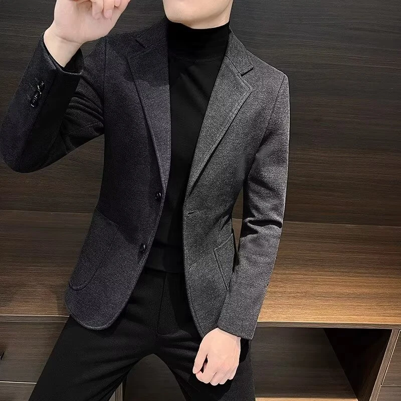 毛呢西装外套男士春秋冬季轻熟风呢子韩版商务休闲西服套装男上衣