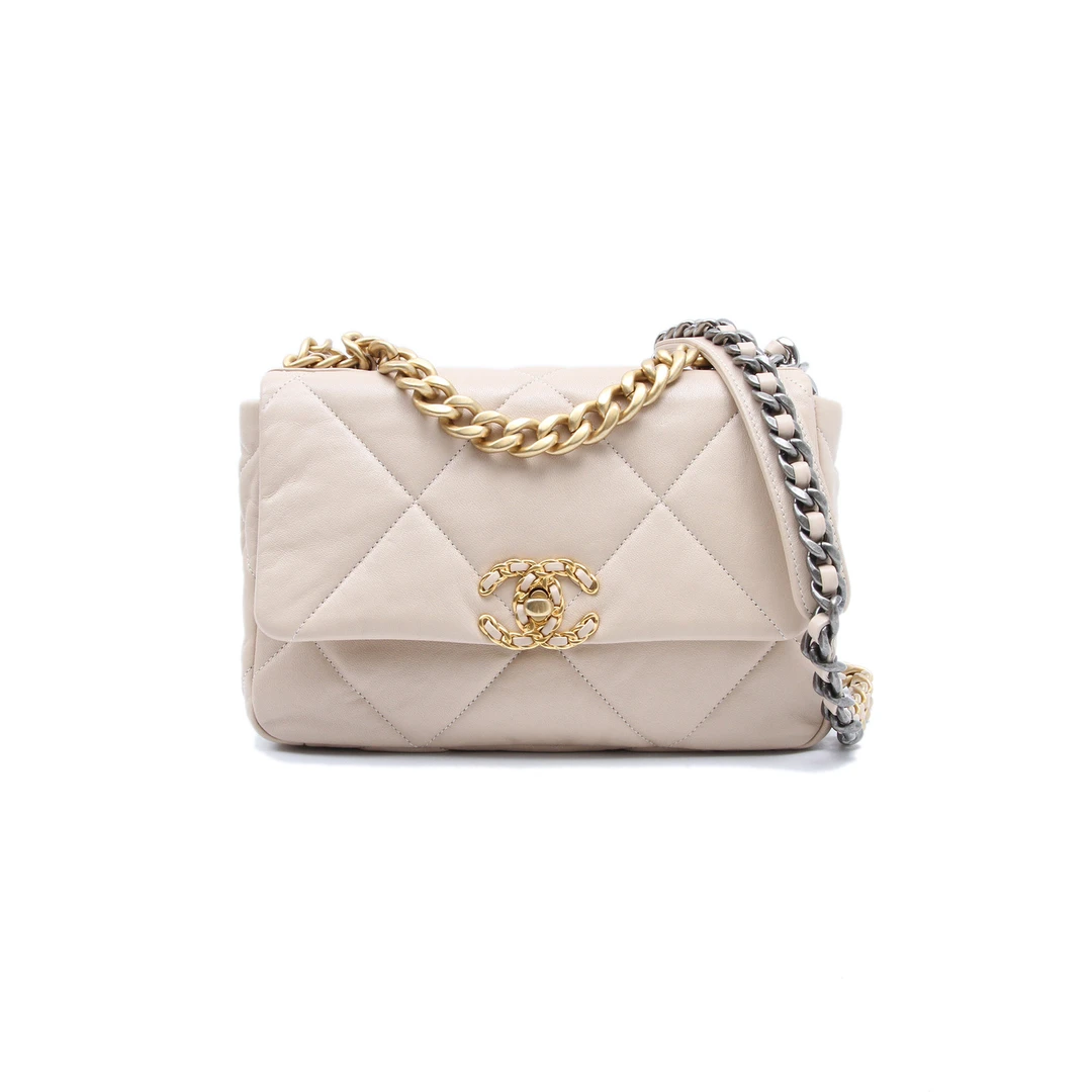 全新未使用 Chanel/香奈儿 小花双双 19BAG 米白色 皮革S 芯片开