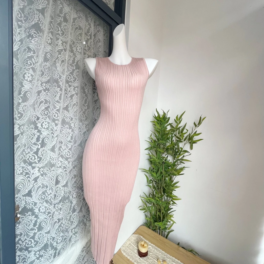 【清晨薄雾】裸粉色修身薄款无袖针织裙长款气质收腰长裙夏季