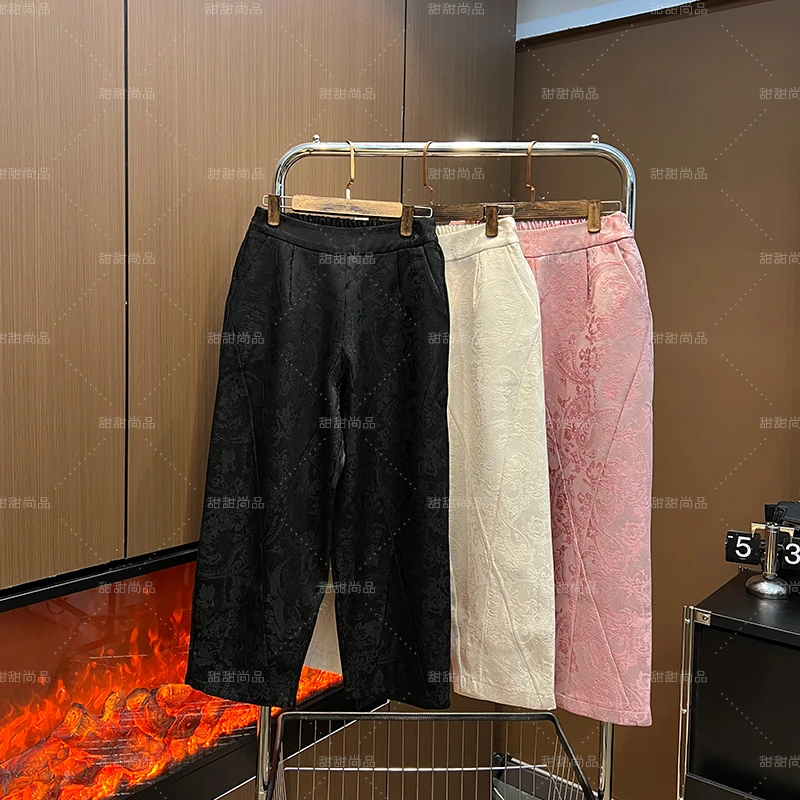时尚气质百搭提花复古休闲裤2025春季新中式宽松显瘦拼接哈伦裤潮