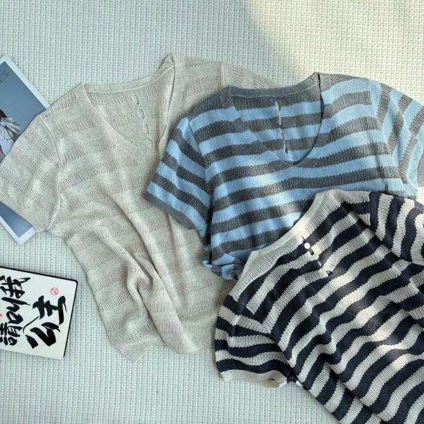 2025春夏新款韩版百搭修身显瘦女时尚撞色条纹镂空针织短袖H8-25